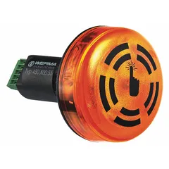 This wall-mount alarm combines an LED steady light with an audible buzzer for visual and audible signaling. It operates at 24V DC and includes a potential-free output for feedback of buzzer switch-off to the control system. Connection is via screw terminals. Typical applications include machine status, fault, or warning indication in industrial environments.
