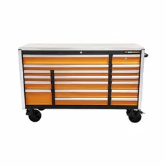 This heavy-duty rolling tool cabinet from GEARWRENCH features 18 fully extending drawers with soft-close slides. With overall dimensions of 73 1/8 in width, 24 in depth, and 47 in height, it provides organized storage for tools and parts in professional workshops, industrial maintenance, and repair facilities.
