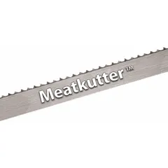 Hook-tooth band saw blade designed for cutting fresh meat and frozen food. Features a hook cutting edge and 4 teeth per inch for efficient cutting through bone and tissue. Blade width is 5/8 in. Suitable for use in industrial processing plants and butcheries.