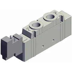 The SMC SY9120-5DOD-02T is a single solenoid, five-way/two-position directional control valve with locking function. It features 5 ports, 24V DC operation, a DIN solenoid connector, and internal pilot. This valve is used to direct compressed air in automated machinery and industrial process control systems.
