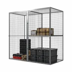 This wire mesh add-on expands existing bulk storage lockers, providing two tiers of lockable storage. It measures 48 in x 61 in x 93 in, is 2 units wide, and includes a padlock hasp for security. Suitable for organizing tools, parts, or inventory in industrial facilities.