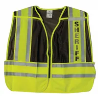 This ANSI Class 2 safety vest is constructed from polyester and features a zipper closure. It is suitable for high-visibility applications in industrial and public safety settings, commonly used by law enforcement, security personnel, and workers in low-light or hazardous environments