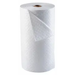 White polypropylene sorbent roll, 30 inches wide by 150 feet long. Designed for absorption and containment of industrial fluids such as oil, coolant, and water. Suitable for use in maintenance, machining, and hydraulic areas to keep floors clean and safe.
