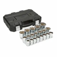 This SAE socket set includes 6-point standard sockets ranging from 19 mm to 50 mm with a 3/8 in drive. A friction ball retention mechanism secures sockets on the drive tool. Suitable for tightening and loosening hex fasteners in automotive, industrial, and mechanical applications.