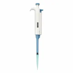 Manual adjustable volume pipettor with a light gray finish. Maximum capacity of 100 µL and volume increments of 1 µL. Suitable for precise liquid handling in laboratory applications such as sample preparation and reagent dispensing.