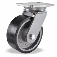 This heavy-duty swivel plate caster features a side brake for secure locking. It has an 8-inch diameter by 3-inch wide polyurethane wheel with a black tread and ball bearings. Designed for slot mounting, it is suitable for industrial equipment such as material handling carts, assembly line fixtures, and warehouse racks.