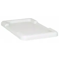 White plastic lid designed for cross-stacking and nesting totes. Measures 25 1/8 x 16 in. FDA compliant for use in food processing and pharmaceutical environments. Compatible with tote models 11M650 and TUB2516-8.
