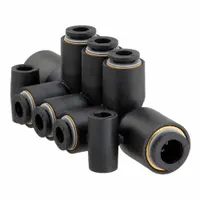 This push-fit tee fitting branches or splits compressed air or fluid lines in pneumatic systems. It connects a 6 mm OD tube to two 4 mm OD tubes. The fitting is made of nylon and nickel-plated brass with a black polymer body. Overall length is 72 mm