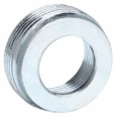 Steel reducing bushing with zinc-plated finish for transitioning from 2-inch threaded rigid metal conduit (RMC) or intermediate metal conduit (IMC) to 3/4-inch trade size. Features NPS threaded female-to-male connections, 1.2 in inside diameter, 2.32 in outside diameter, and 27/32 in overall length. cULus Listed for use with threaded RMC and IMC in electrical conduit systems.