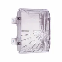 Clear polycarbonate cover for indoor wall-mounted horns or strobes. Protects against vandalism and accidental damage. Surface mount with included hardware. Overall depth 5 inches.