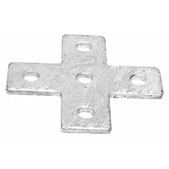 This steel cross plate fitting with a hot dipped galvanized finish is used to join intersecting strut channels at 90-degree angles in industrial framing systems. It provides a rigid connection point for supporting electrical conduit, mechanical piping, and cable trays in plant and facility installations.