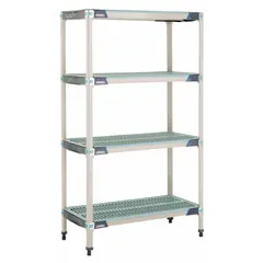 This stationary shelving unit from METRO features four shelves and an overall height of 62 inches. Both the frame and shelves are constructed from 304 stainless steel with antimicrobial resistance properties. Suitable for use in harsh environments where microbial control is required, such as cleanrooms or food processing areas.