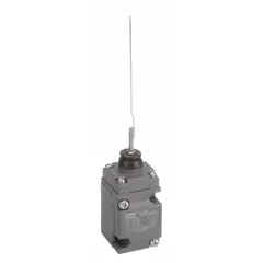 This limit switch features a cat-whisker wobble-stick actuator for position sensing in industrial automation, packaging, and material handling applications. It has two mounting holes and screw terminals for electrical connection. The flexible actuator detects object presence or position without direct contact, suitable for conveyor systems and machinery guarding.