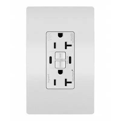 LEGRAND Receptacle: Duplex, 5-20R, 2 USB Ports, USB Type C, White, 125V AC, 20 A - Weather-Resistant Receptacles with USB Chargers