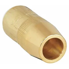 This BERNARD nozzle is a large centerfire type for MIG welding, directing shielding gas over the weld pool and protecting the contact tip from spatter. It features a 5/8 in conical brass construction, self-insulated, with a 1/8 in recess nozzle-to-tip relationship, and is rated for standard duty. Designed for use with Centerfire Series contact tips.