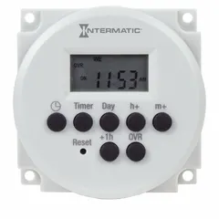 DIN rail-mounted digital timer switch with SPDT contacts, rated 120-277V AC. Offers 20 programmable events for scheduling lighting, HVAC, and industrial loads in commercial and industrial automation applications.