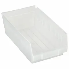 This clear plastic shelf bin is designed for organizing small parts and components on industrial shelving. With dimensions of 6 5/8 in x 4 in and an overall length of 11 5/8 in, it allows quick visual identification of contents. Its nesting capability saves space when not in use. Dividers are not included.