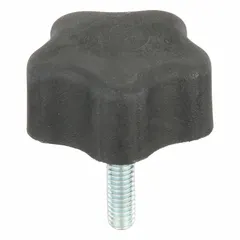 This 5-arm knob features a plastic body with a steel thread insert for manual clamping, positioning, and adjustment on industrial machinery, fixtures, and workholding devices. The threaded stud measures 5/16"-18 with a 1-inch thread length, providing ergonomic grip and torque for frequent hand-tightening applications.