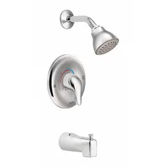 Chrome single-function bathtub spout and fixed showerhead faucet combination from the Chateau series. Includes a fixed showerhead with a single spray pattern and a flow rate of 1.75 gpm. Connection type CC. Suitable for residential bathroom tub and shower installations.