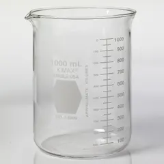 Low form beaker with 1000 mL capacity (33.81 fl oz), made from Type I colorless borosilicate glass. Suitable for general laboratory tasks such as mixing, heating, and measuring liquids.
