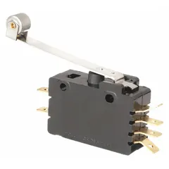 This roller-lever snap-action switch features a hinge roller lever actuator and a 2NO/2NC contact configuration. It has an AC contact rating of 15 A @ 240 V and uses a Quick Connect electrical connection. Typical applications include position sensing and limit switching in industrial control and automation systems.