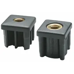 Nylon tube end leveling mount without feet, square design, with 3/8"-16 thread and 0.12 in thickness. Capacity 1,344 lb. Used for leveling and stabilizing tubular structures in industrial equipment, conveyors, and workstations.