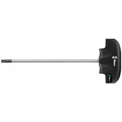 T-shaped Torx key with T27 tip size and standard end. Long arm length of 8 inches provides leverage for accessing recessed fasteners. Made of alloy steel with a chrome finish. Suitable for tightening or loosening Torx fasteners in assembly and maintenance tasks.
