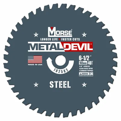 MORSE Circular Saw Blade: 6 1/2 in Blade Dia., 40 Teeth, 0.06 in Cut Wd, 5/8 in Arbor Size - Steel & General Metal-Cutting Blades
