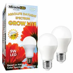 This A19-shaped LED grow bulb from MIRACLE LED provides a full/broad spectrum suitable for all stages of plant growth and maintenance. Operating at 120V with a 100W incandescent watt equivalency, it supports indoor gardening, hydroponics, and greenhouse applications.