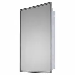 Rectangular mirrored medicine cabinet with stainless steel frame in bright annealed silver finish. Glass mirror surface. Overall height 26 inches, width 16 inches. Suitable for bathroom storage and grooming in residential or commercial settings.