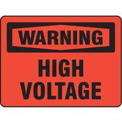 Polyester adhesive sign for marking high voltage hazards. Nominal size 3 1/2 in x 5 in, 0.01 in thick. Not retroreflective, not glow-in-the-dark, no anti-slip surface. Suitable for indoor use on equipment, panels, or walls to indicate electrical danger.
