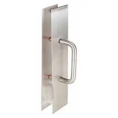 This hand pull is constructed from copper alloy with a stainless steel finish, measuring 4 inches wide by 16 inches high. It is used on commercial doors in settings where reducing surface bacteria transfer is a consideration, such as healthcare, food service, and high-traffic facilities.