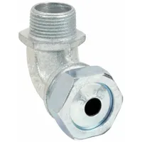 This 90° metallic cable grip features a silver iron body with 3/4 in MNPT box connection, accepting cord diameters from 0.25 in to 0.38 in. Rated for Class II, Division 1 & 2 hazardous locations, it is suitable for securing cord connections in environments such as grain elevators or coal handling facilities. The NPT thread provides a sealed entry
