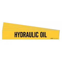 Yellow adhesive pipe marker with black legend reading 'Hydraulic Oil'. Designed for pipes with outer diameter of 8 inches and larger. Each pack contains 5 markers without directional arrows. Used for identifying hydraulic oil lines in industrial piping systems.
