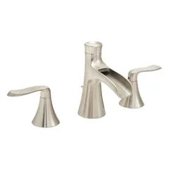 This widespread bathroom faucet from the Caspian series is constructed of brass with a brushed nickel finish. It features a lever handle and a flow rate of 1.2 gpm. Suitable for residential and commercial bathroom sinks, the widespread configuration accommodates three-hole installations.