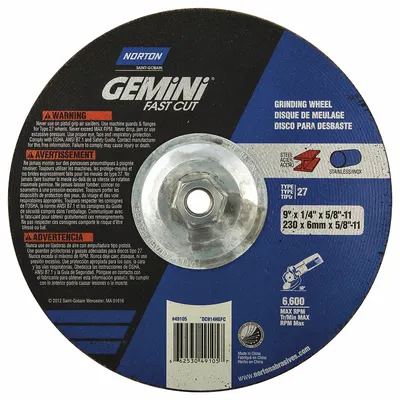 NORTON Depressed Center Grinding Wheel: Type 27, 9" x 1/4" x 5/8"-11, Aluminum Oxide - General Purpose Grinding Wheels for Carbon & Stainless Steel