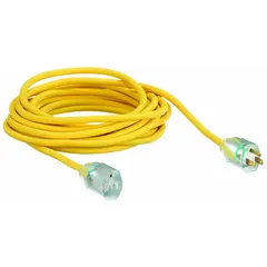 This 25 ft outdoor extension cord features a NEMA 5-15P plug and a single outlet, with 14/3 SJTOW construction rated for -58° to 194°F. The yellow jacket provides visibility in work areas. Suitable for powering tools and equipment in outdoor environments where 125V AC is required.