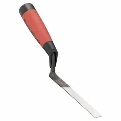 Steel caulking trowel with pointed blade shape and 1/2 in blade width. Designed for applying and finishing mortar or caulk in narrow joints. Rubberized handle provides grip.