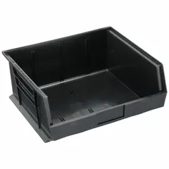 This recycled plastic bin from QUANTUM STORAGE SYSTEMS measures 16 1/2 x 14 3/4 x 7 inches and has a load capacity of 75 lb. It is made from 100% recycled content and is not electrostatic discharge conductive. Suitable for organizing parts, tools, or components in industrial warehouses, workshops, and manufacturing facilities.