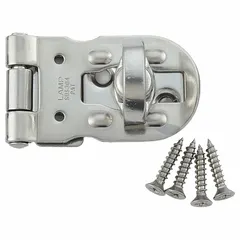 This locking hasp is made of stainless steel for corrosion resistance. It measures 7/8 in height, 7/8 in length, and 1 9/16 in width. Commonly used to secure enclosures, cabinets, and access panels in industrial settings.