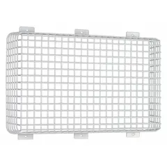 Steel wire guard for indoor emergency lights. White finish. Surface wall mount with included hardware. Protects fixtures from vandalism and impact in commercial or industrial settings.