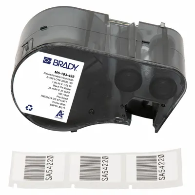 BRADY M5-103-498 Precut Label Cartridge, Vinyl, Black on White, 1 1/4 in x 1 in - Brady Precut Label Roll Cartridges