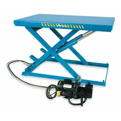 Fixed-top electric lift table with hydraulic mechanism. Load capacity 2,200 lb, maximum lifting height 38 19/32 in. Operates on 480V AC, three-phase power. Used in industrial material handling for raising and positioning heavy loads at assembly lines, loading docks, and workstations.