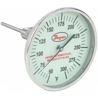 DWYER Glow-in-the-Dark Dial Thermometer: 50°F to 300°F, +/- 1% Accuracy, 5 in Dial Dia, Male (MPN GBTA54061)