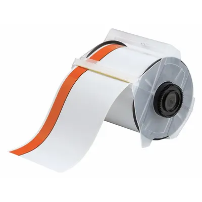 BRADY Continuous Label Stock: 4 in x 100 ft, Vinyl, Orange (Gloss)/White (Gloss) - Brady Thermal Transfer Continuous Label Rolls