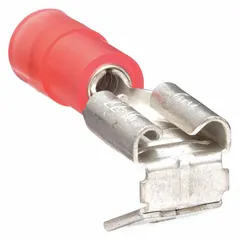 This partially insulated piggyback disconnect features a red nylon partial coverage insulation and a 0.25 in x 0.032 in tab. It is constructed with a butted barrel and seam, designed for socket/tab terminations. Typical applications include wire connections in electrical panels, control cabinets, and industrial machinery.