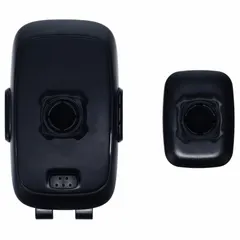 This dashboard mount secures mobile phones and MP3 players for hands-free use while driving. It features two mount styles for flexible device positioning. The mount is finished in black and attaches to the dashboard.