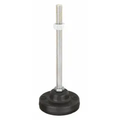 This vibration-damping male leveling mount has a 10,000 lb load capacity and a 3/4"-10 thread size. It includes a jam nut and features a round rubber thrust pad. The 1-1/16 in hex size and mounting holes facilitate installation. Used for leveling and stabilizing heavy machinery while reducing vibration transmission.