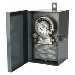 This TORK electromechanical timer switch provides 24-hour time-based on/off control for electrical loads. It features a 3PST switching configuration rated for 208-277V AC and is housed in a metal body for surface mounting. Designed for outdoor use, it is suitable for scheduling lighting, HVAC, or other equipment in industrial and commercial applications.