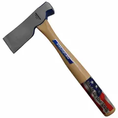 This hammer hatchet combines a 14 oz steel head with a powder-coated finish and a 2 1/4 in cutting edge. The wood handle provides a secure grip. Suitable for lathing, carpentry, and general construction tasks requiring both hammering and cutting.